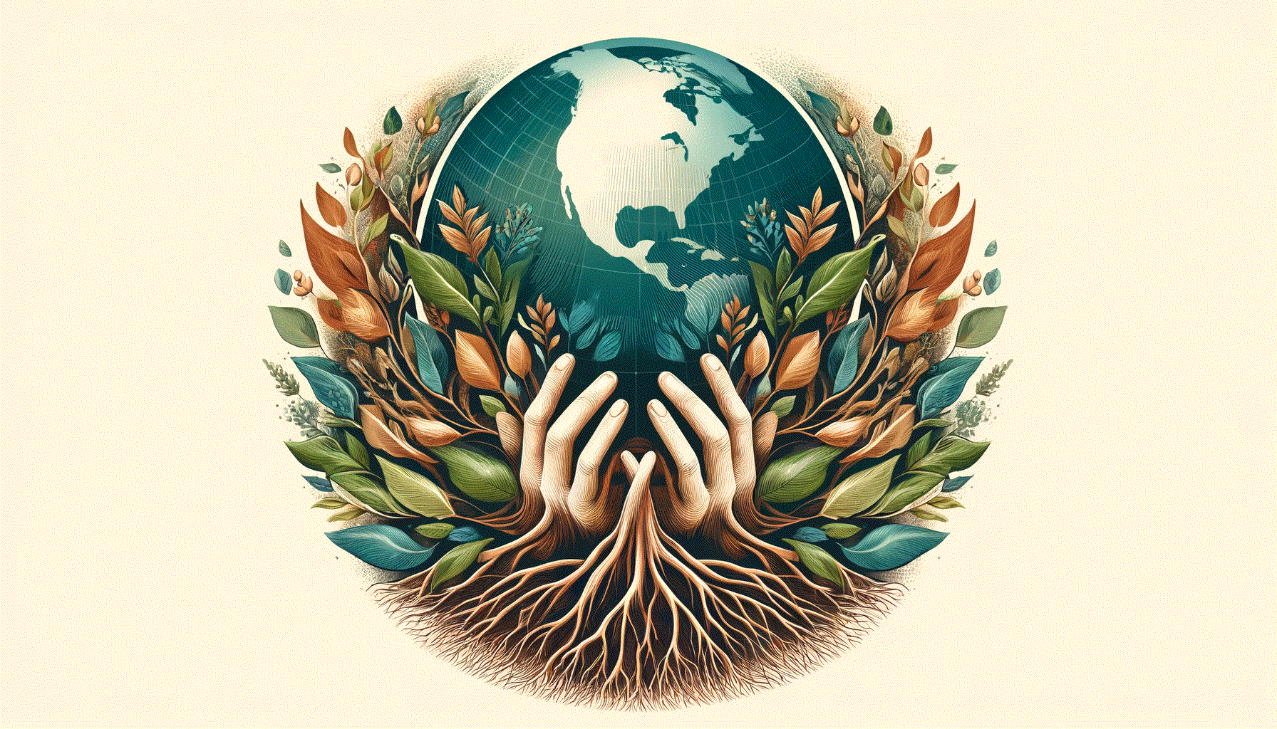 Illustrazione di radici, piante e mani che sostengono il pianeta