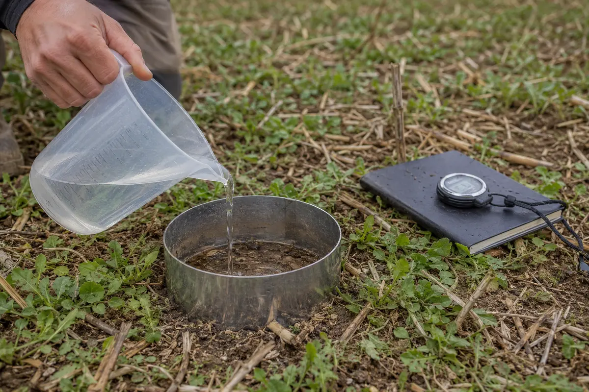 Operatore che misura l’infiltrazione dell’acqua nel terreno