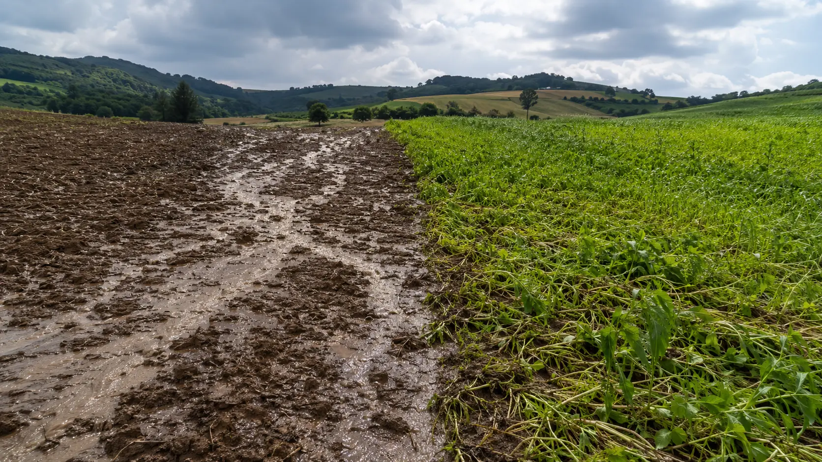 Confronto tra suolo lavorato con ruscellamento e campo protetto da cover crop dopo la pioggia