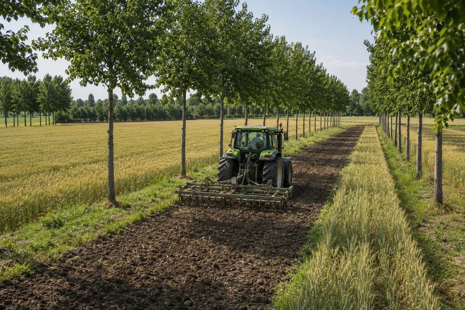 Trattore lavora in un corridoio coltivato tra due filari di alberi distanziati
