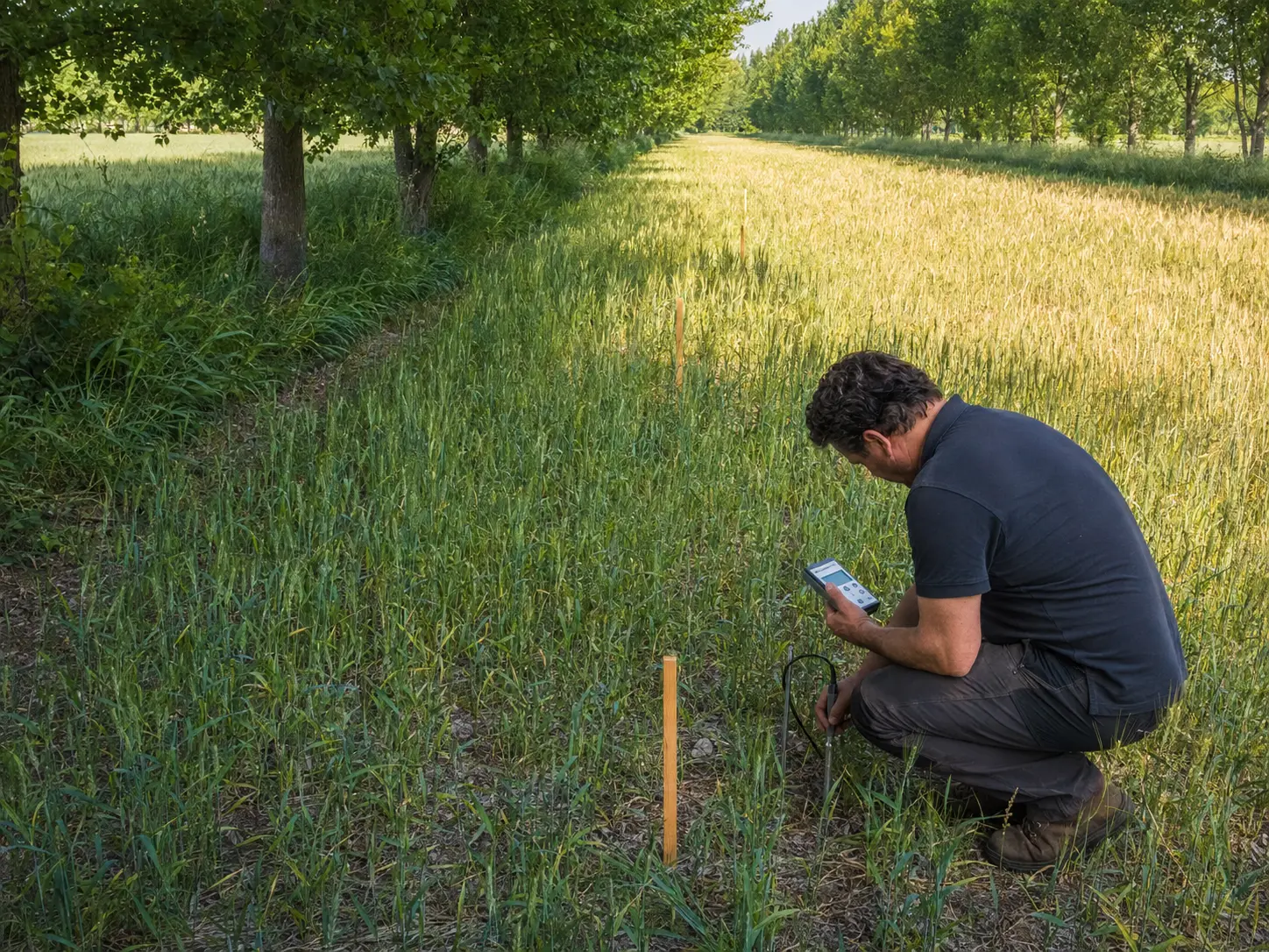 Agronomo misura l’umidità del suolo lungo il gradiente di ombra tra alberi e cereali