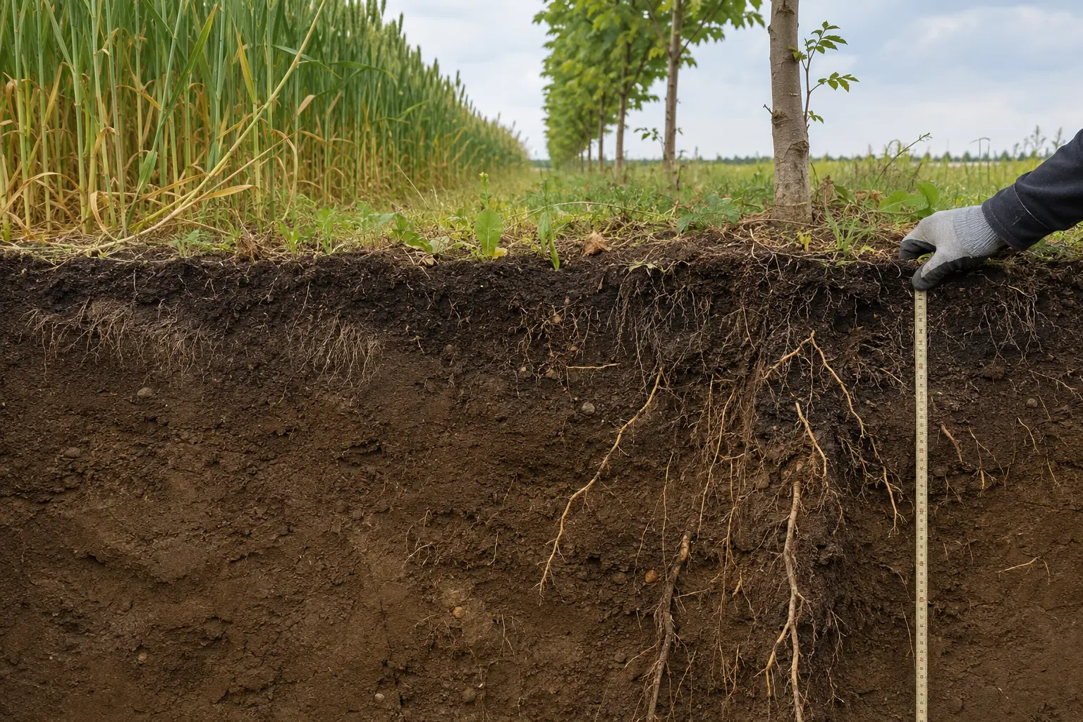 Profilo del suolo mostra radici superficiali dei cereali e radici più profonde degli alberi