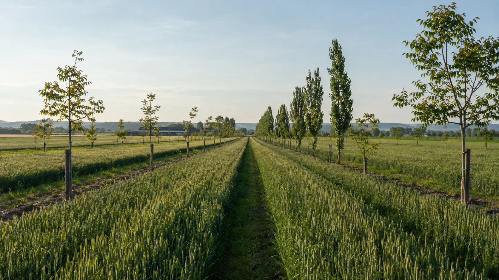 Filari di giovani alberi distanziati attraversano un seminativo cerealicolo in Piemonte