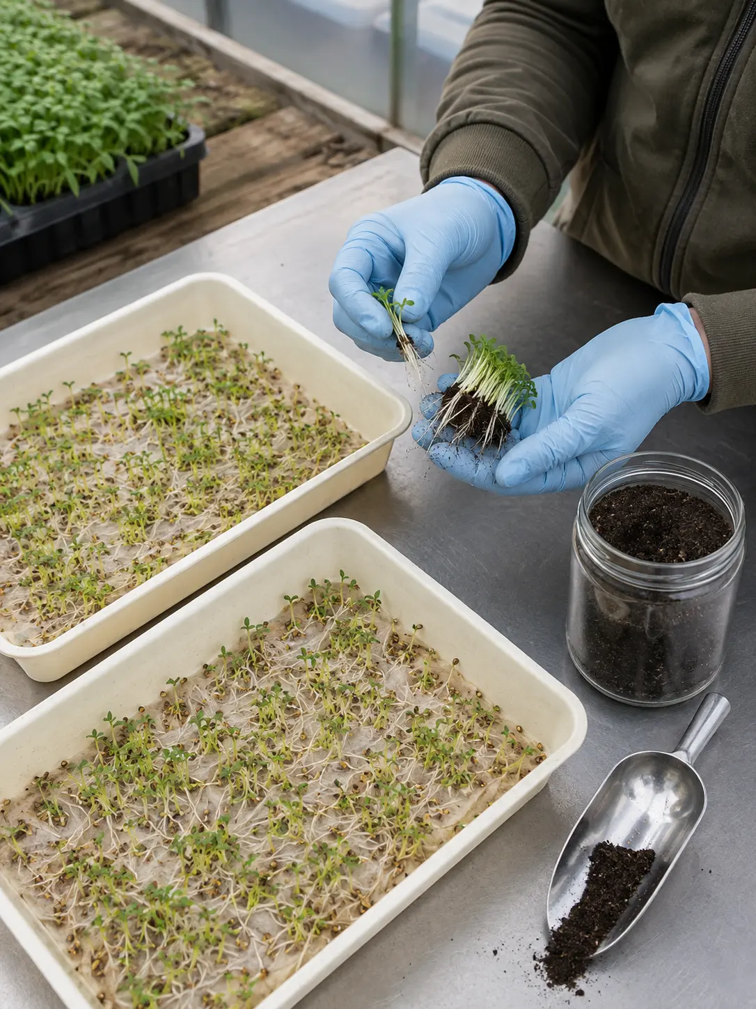 Bioassay di germinazione con piantine e radici confrontate accanto a un campione di compost