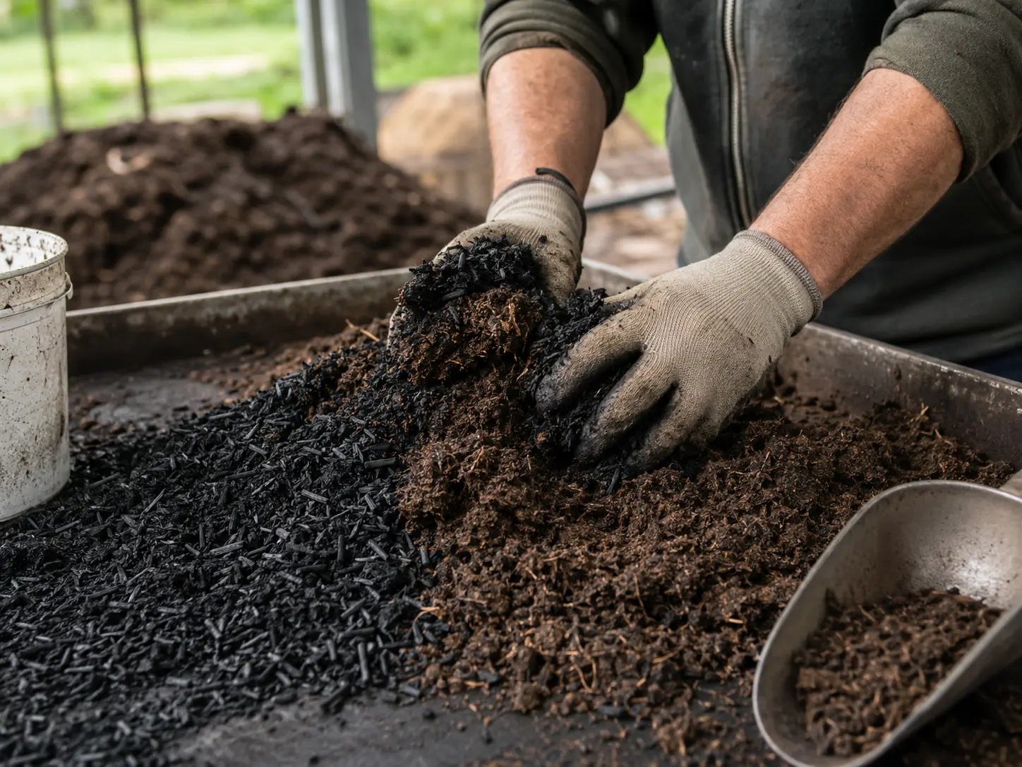 Operatore miscela biochar vegetale con compost maturo prima dell’applicazione