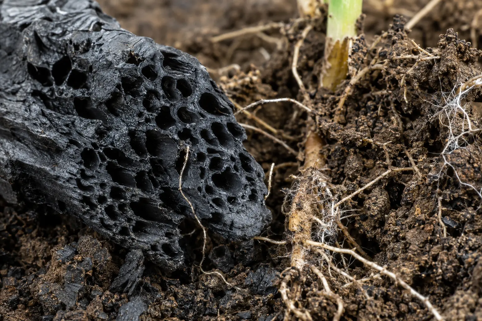 Dettaglio della struttura porosa del biochar accanto a suolo, radici e ife fungine