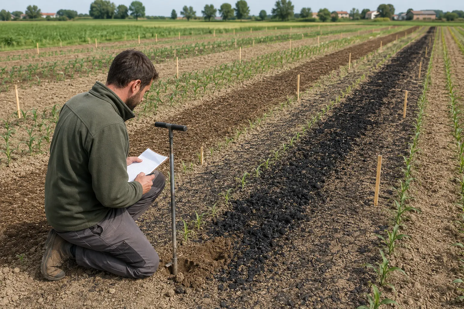 Agronomo misura una prova di biochar su parcelle agricole confrontabili