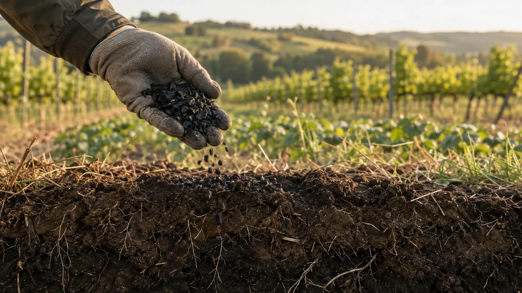 Mano guantata distribuisce biochar su un suolo agricolo ricco di radici