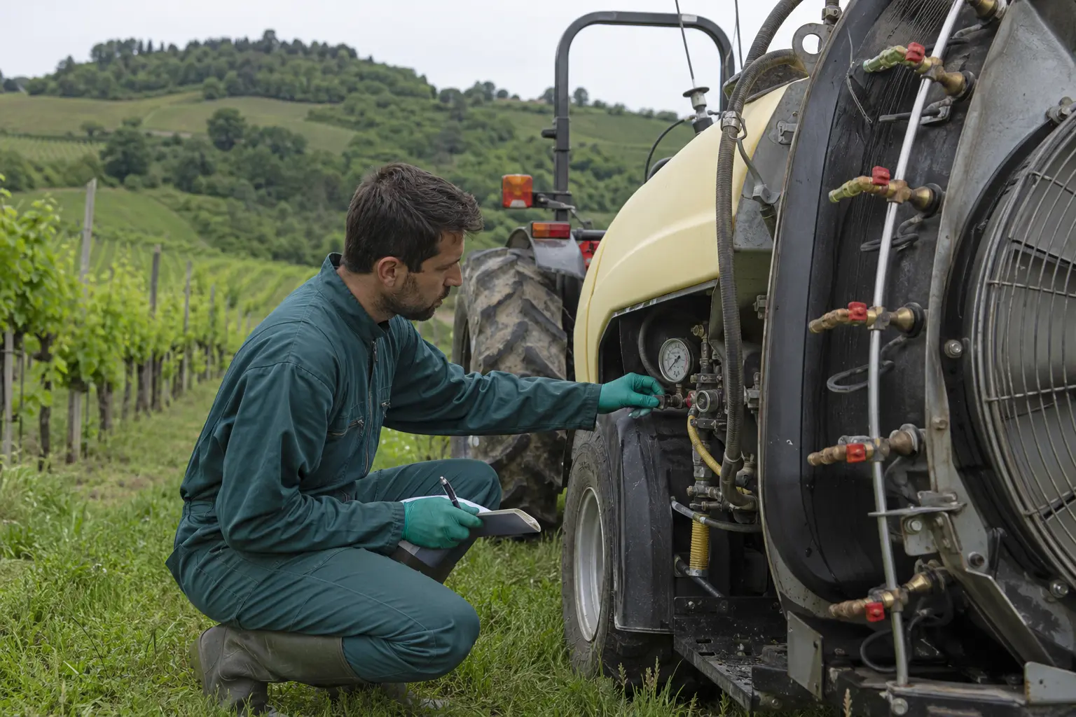 Operatore che calibra ugelli e pressione di un’irroratrice ferma a bordo vigneto