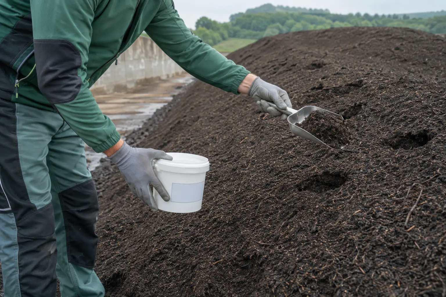 Tecnico preleva con paletta metallica un campione rappresentativo da un cumulo di compost maturo