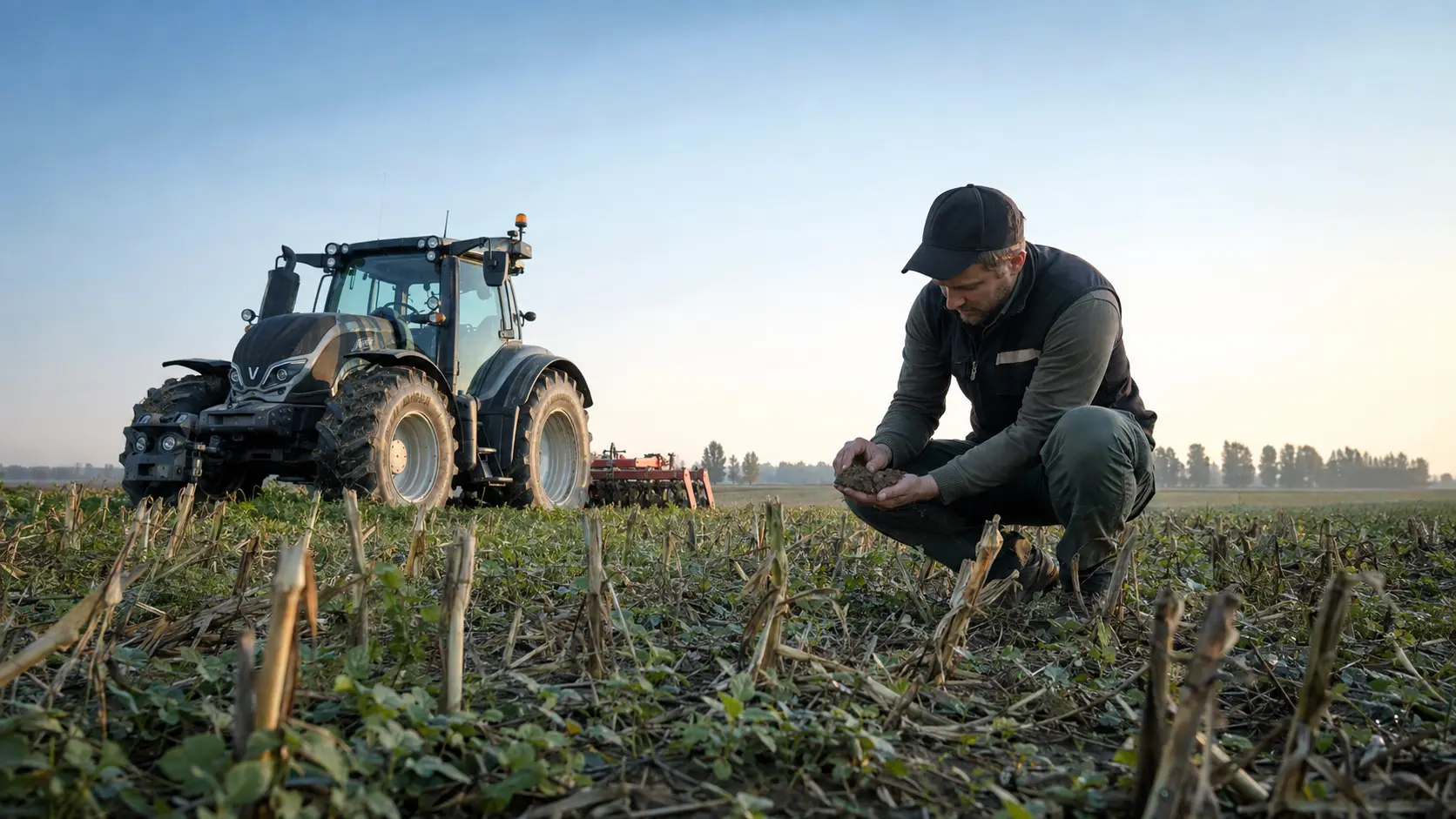 Agricoltore controlla a mano l'umidit&agrave; del suolo prima del passaggio del trattore
