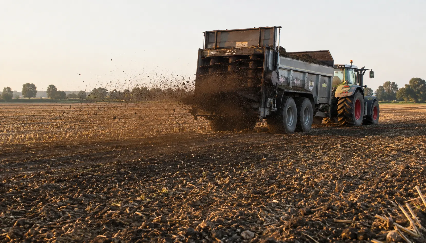 Spandicompost distribuisce materiale organico maturo in modo uniforme su un campo agricolo