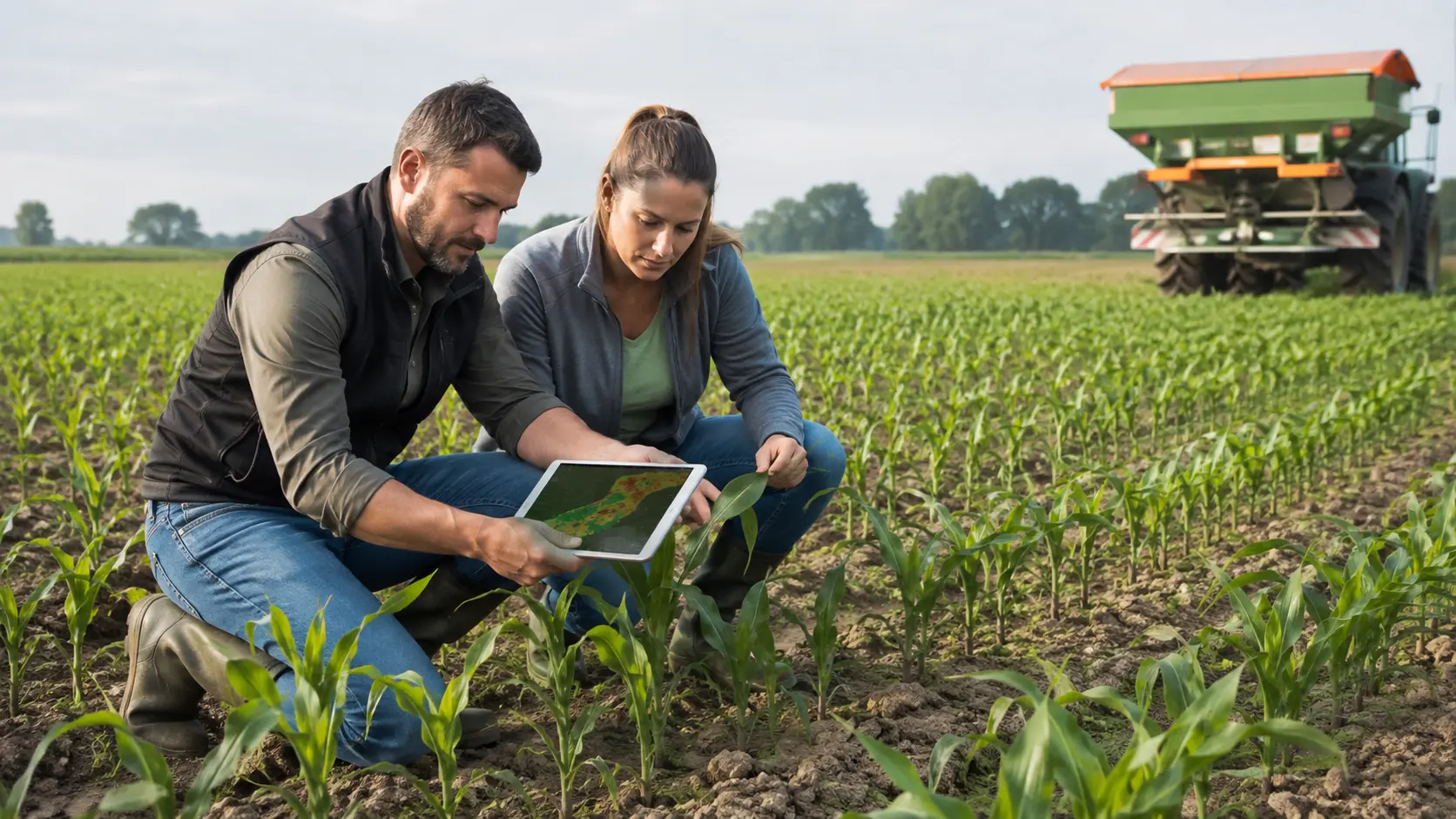 Due agronomi valutano una coltura di mais e una mappa di vigore prima della concimazione azotata