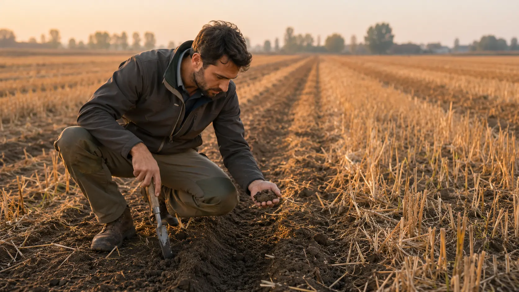 Agronomo confronta il suolo dentro e fuori una carreggiata in un campo dopo la raccolta