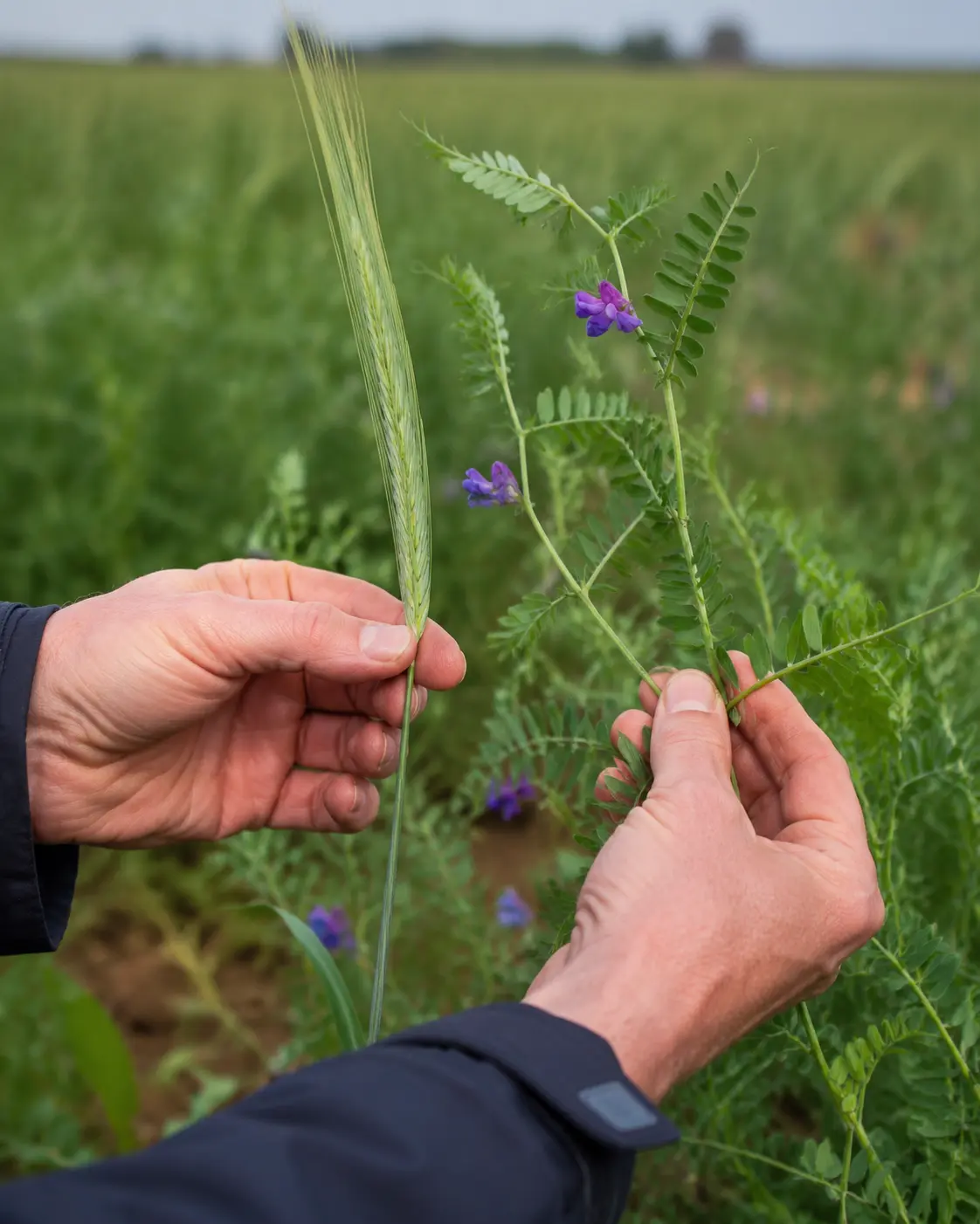 Mani che confrontano una spiga di segale e una veccia in fiore per decidere la terminazione