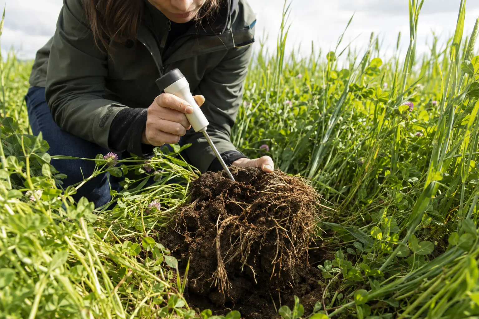 Agronoma che controlla umidita del suolo e radici sotto una cover crop mista