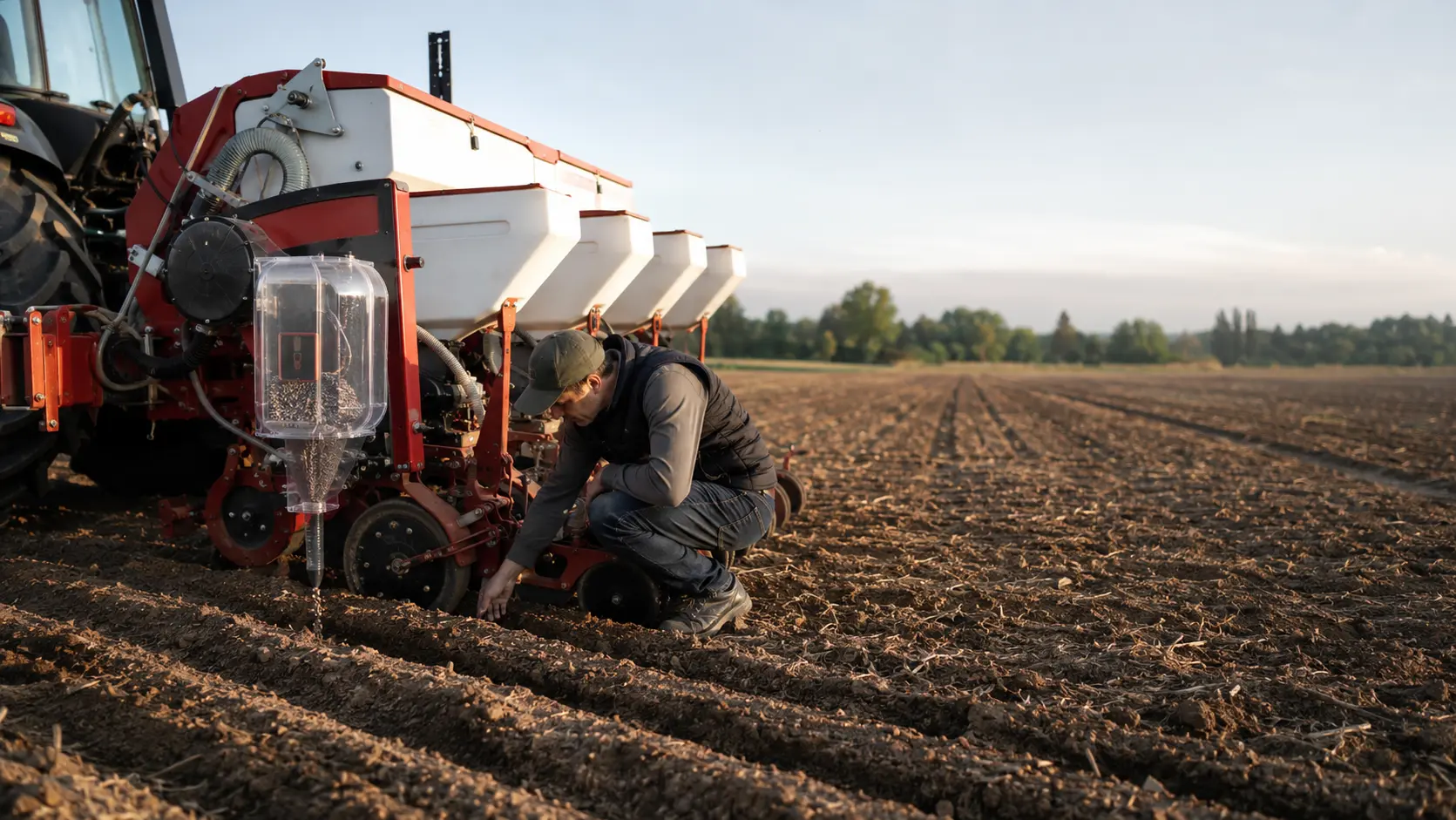 Agronomo controlla la deposizione di un inoculo granulare nel solco durante la semina del mais