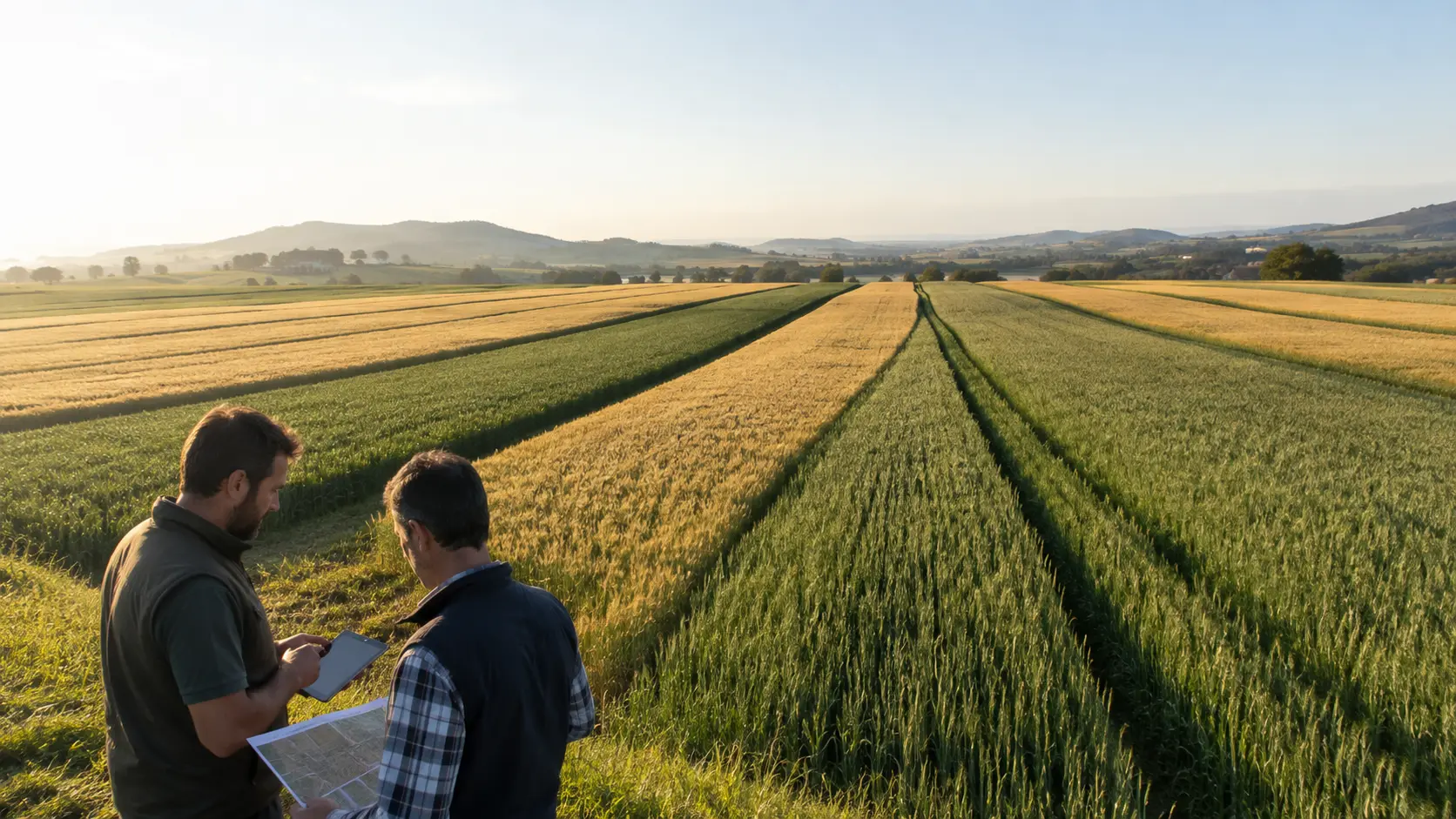 Due agronomi osservano strisce replicate in un campo di cereali e confrontano una mappa della prova