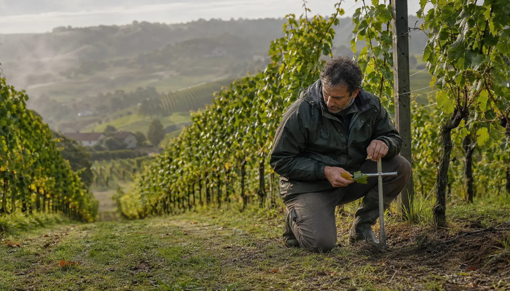Agronomo che controlla foglie e suolo in un vigneto inerbito dopo la pioggia