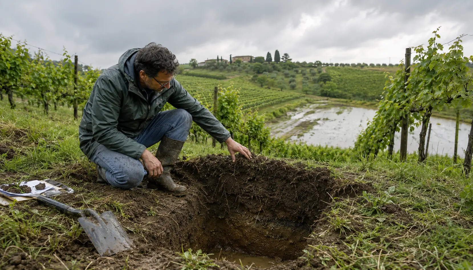 Agronomo esamina un profilo di suolo saturo in un vigneto dopo una pioggia intensa