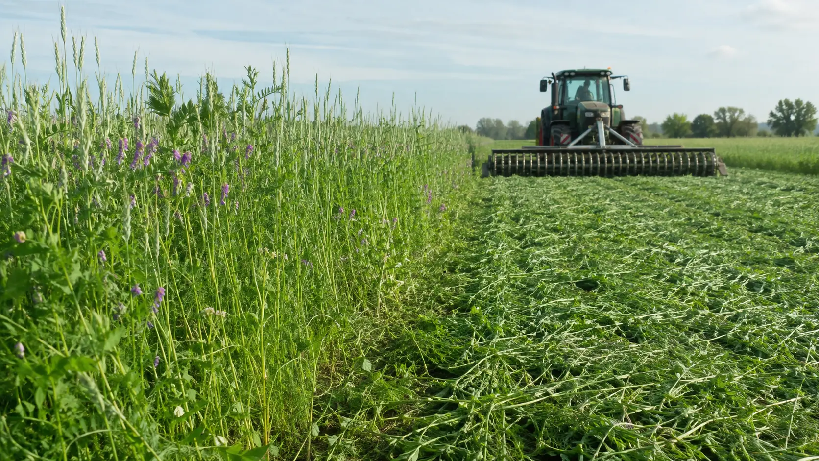 Cover crop mista di segale e leguminose prima e dopo la terminazione con roller crimper