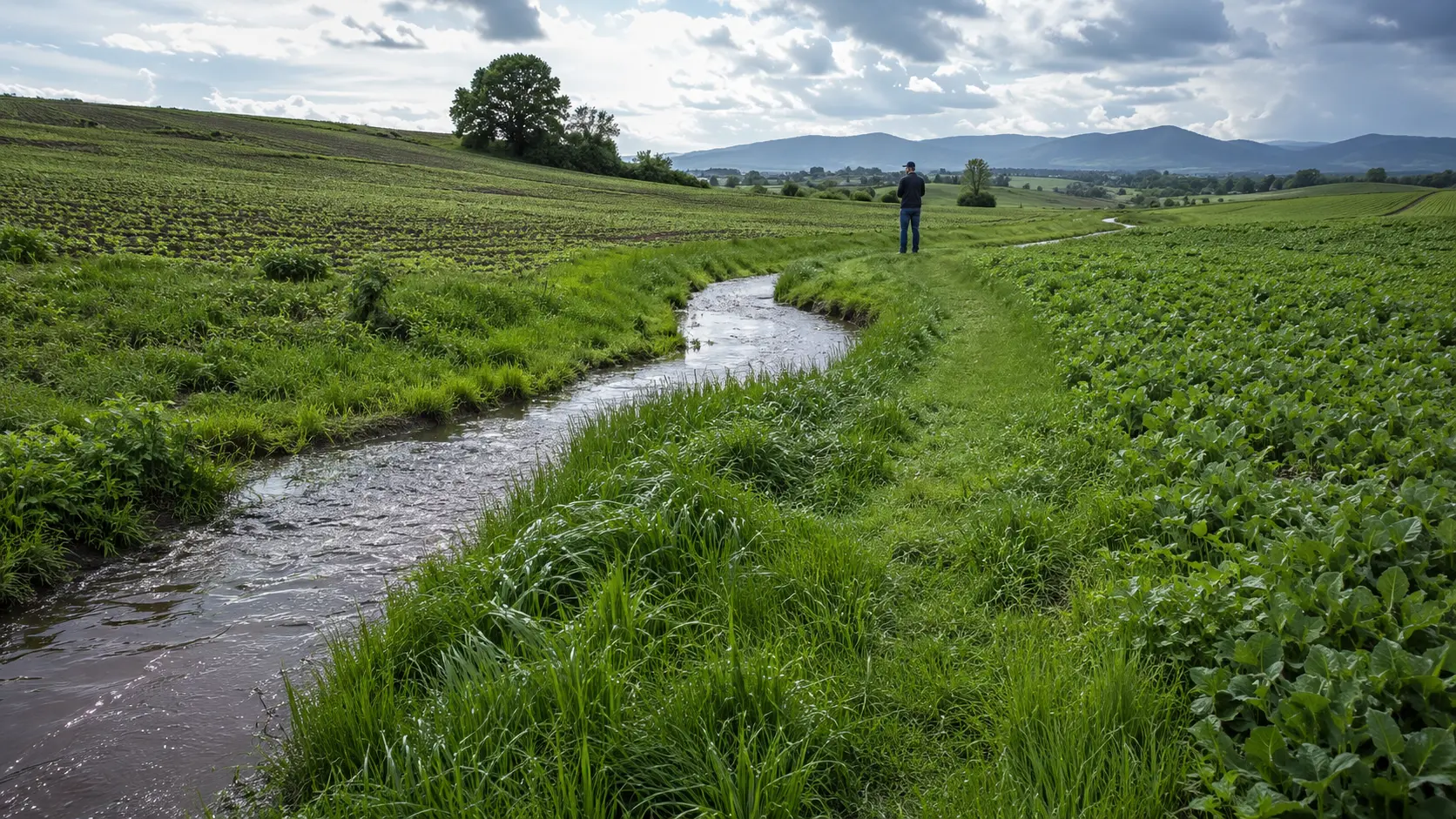 Canale inerbito accompagna l’acqua piovana tra campi coltivati senza lasciare suolo nudo