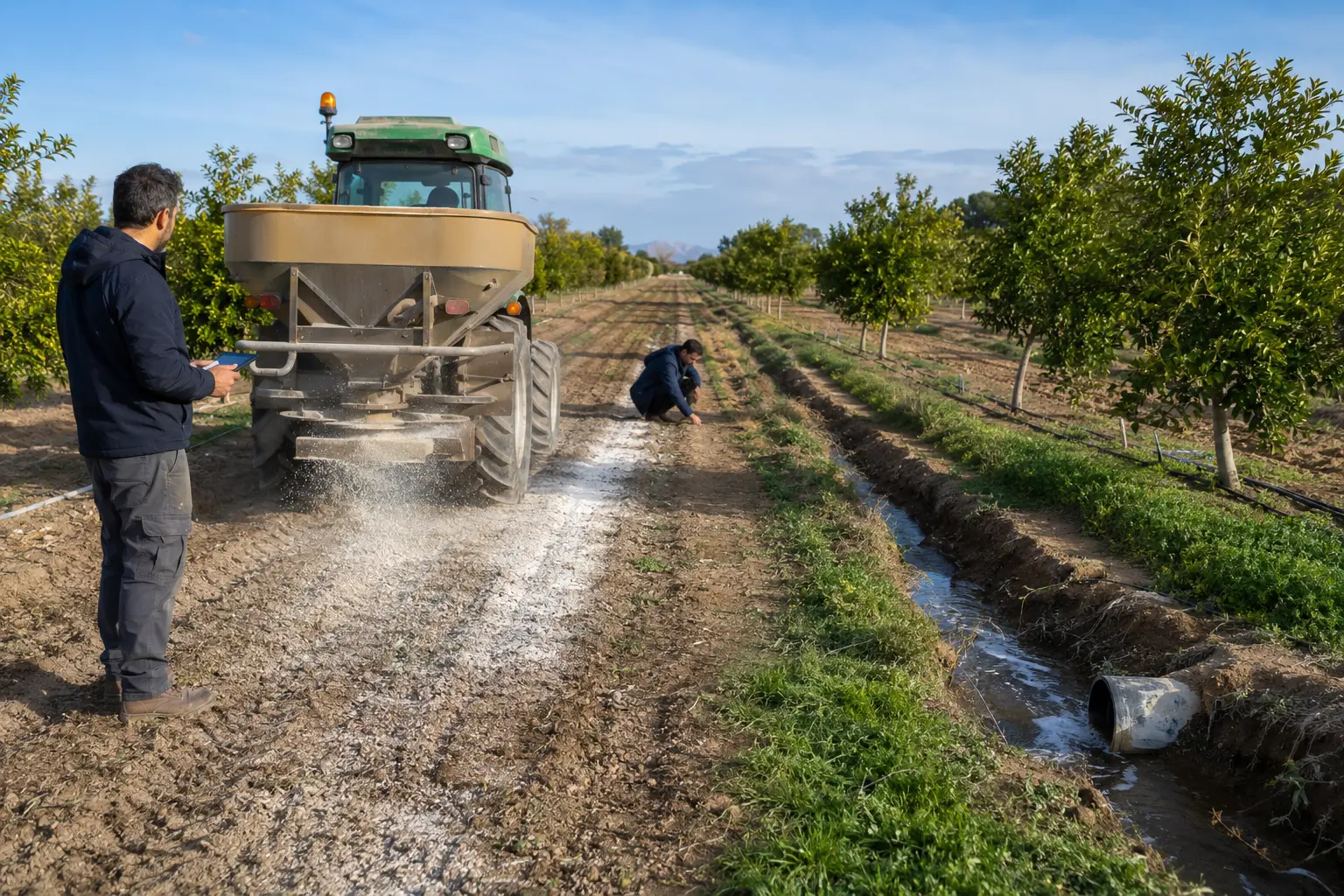 Distribuzione calibrata di gesso agronomico su una fascia di frutteto con irrigazione e drenaggio controllati