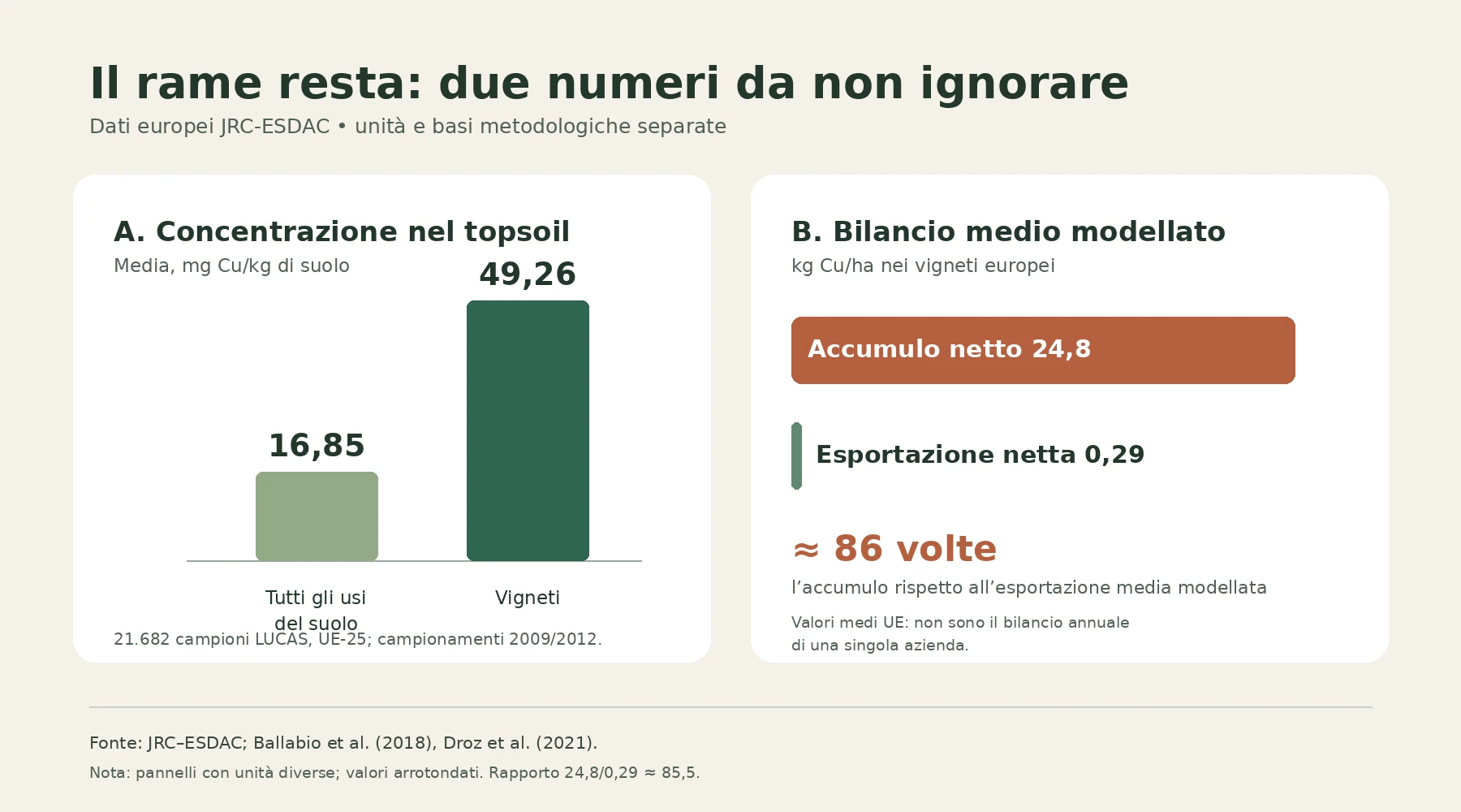 Grafico JRC: rame medio 16,85 milligrammi per chilogrammo nei suoli europei e 49,26 nei vigneti; accumulo netto 24,8 chilogrammi per ettaro contro esportazione netta 0,29