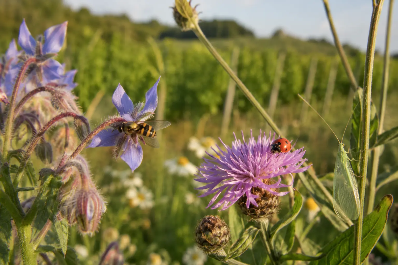 Sirfide e coccinella su fiori spontanei in un margine accanto al vigneto