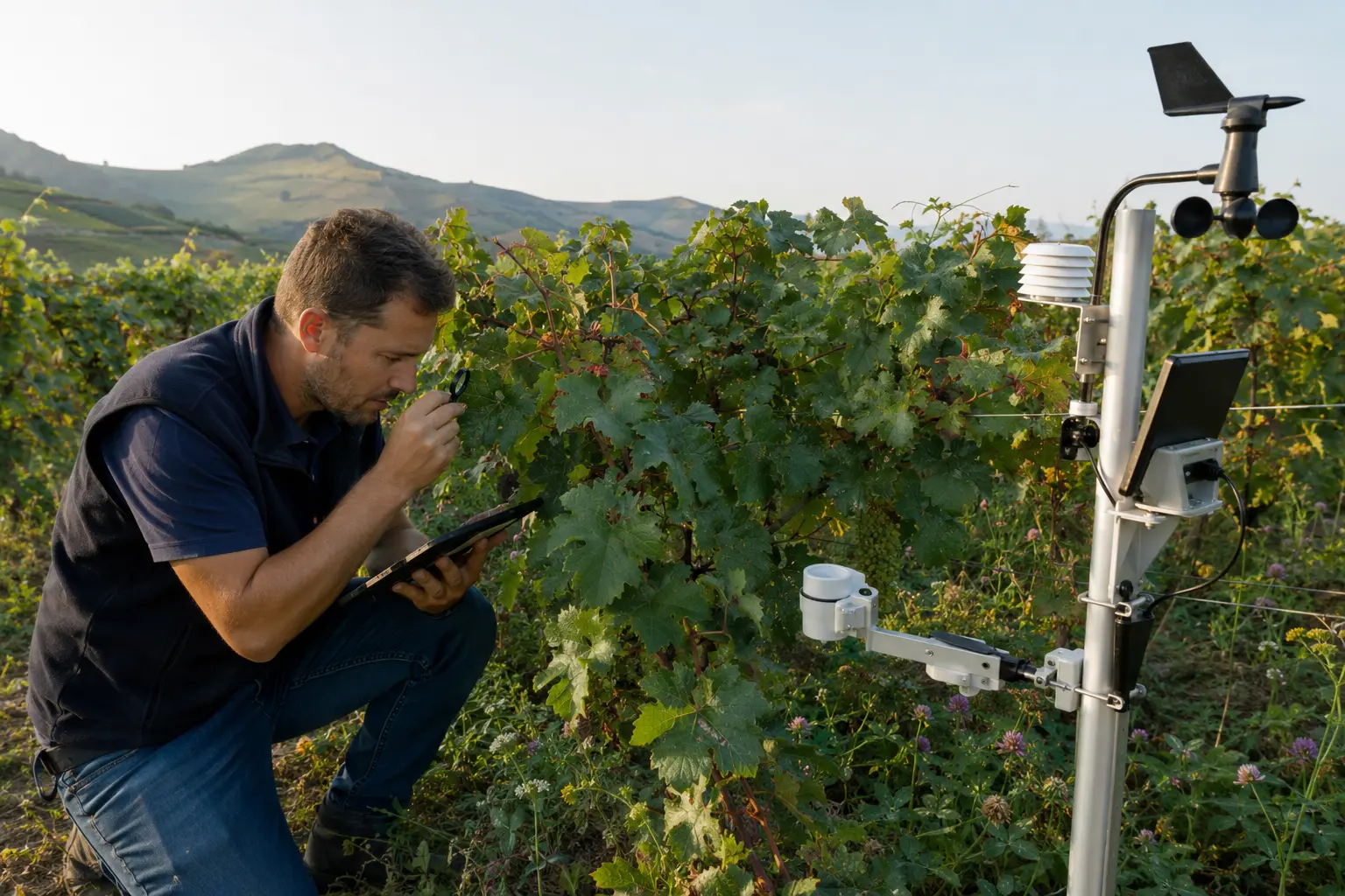 Agronomo controlla le foglie accanto a una stazione meteo e a un sensore di bagnatura fogliare nel vigneto