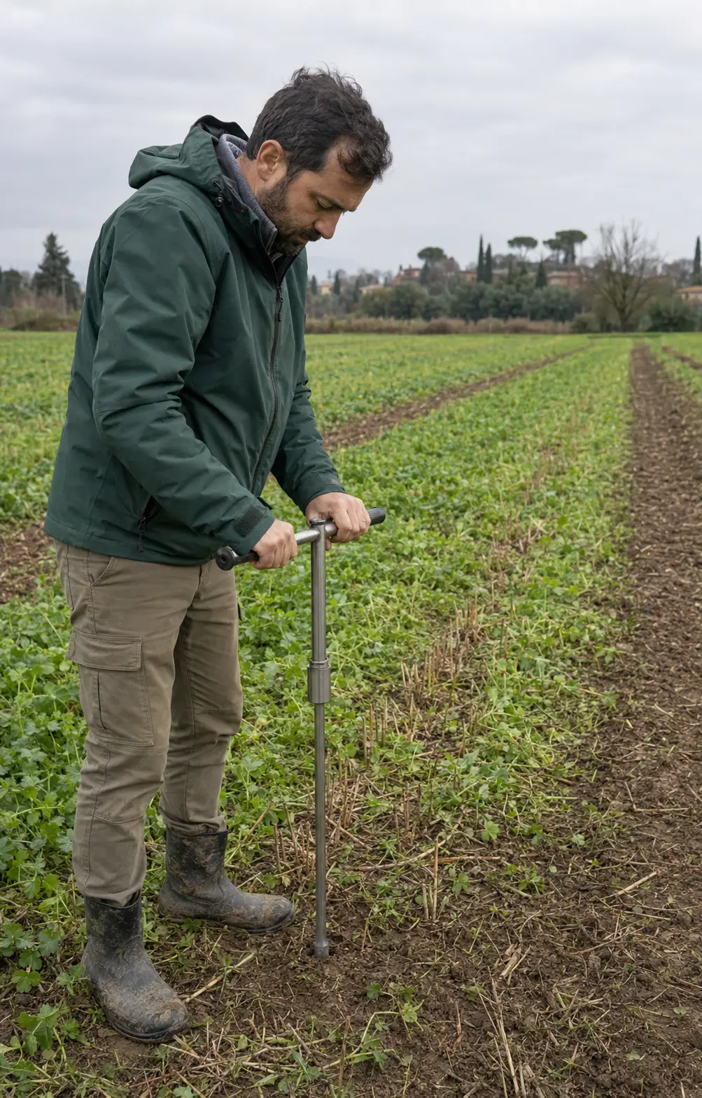 Agronomo usa un penetrometro manuale in un campo con coltura di copertura