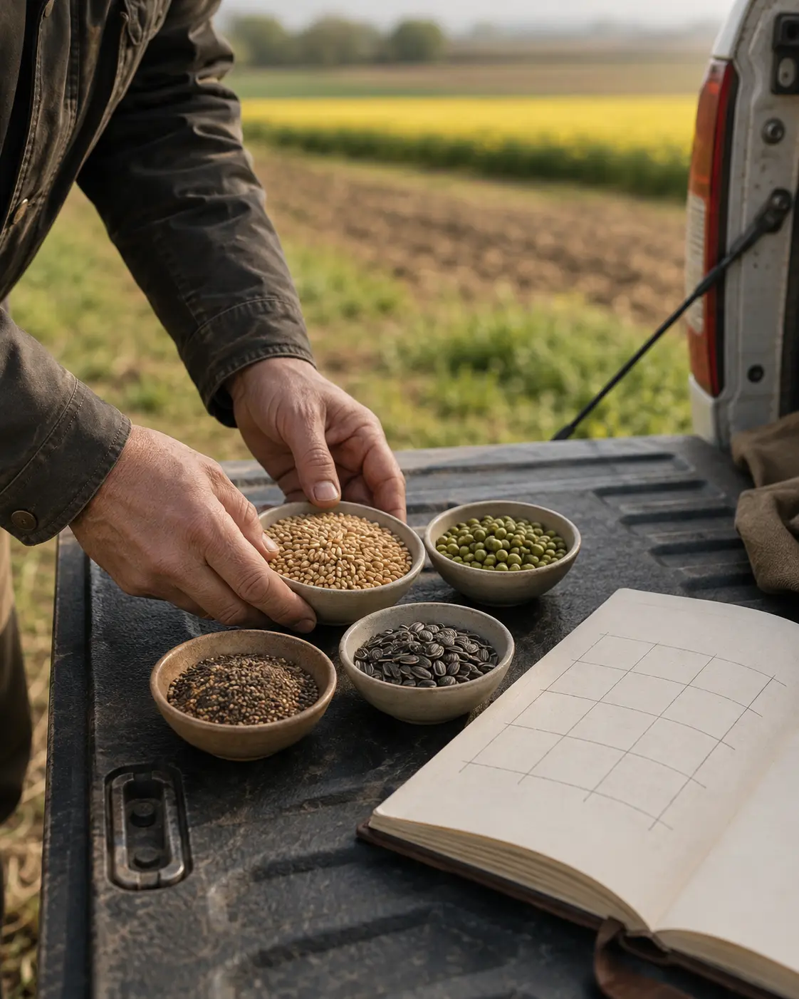 Agricoltore dispone semi di cereale, pisello, girasole e miscuglio accanto a un quaderno di pianificazione