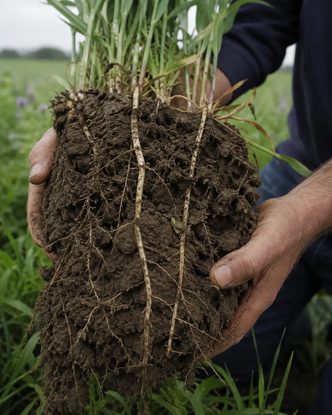 Agricoltore mostra una zolla attraversata da radici fibrose e fittonanti di una cover crop