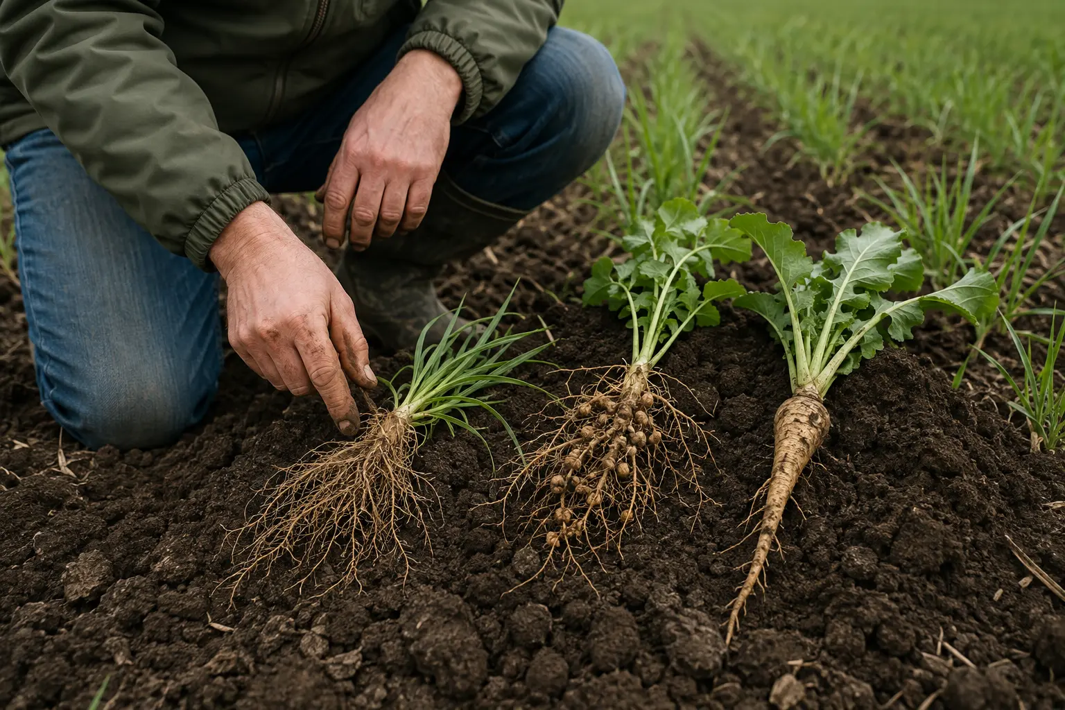 Agronomo confronta radici fascicolate di cereale, radici nodulate di leguminosa e radice fittonante di brassicacea