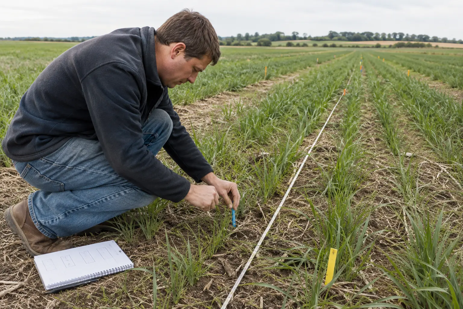 Agronomo posiziona picchetti e misura strisce replicate per una prova agronomica in campo