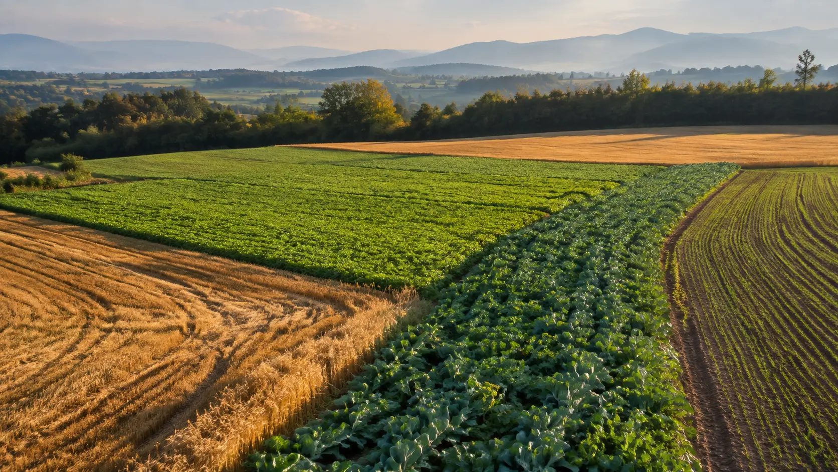 Paesaggio agricolo con cereali, leguminose e colture di copertura disposte in campi contigui
