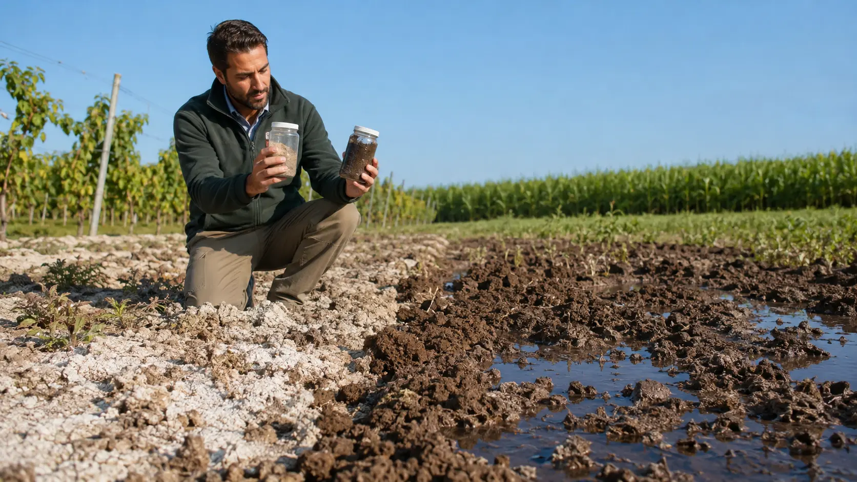 Agronomo confronta due campioni tra una zona con crosta salina e una con suolo argilloso disperso e ristagno