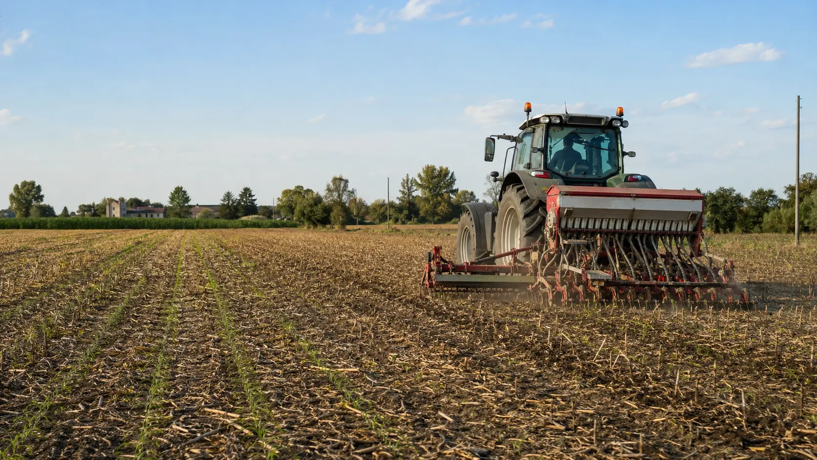 Seminatrice introduce un cereale nei residui lasciati dalla coltura precedente