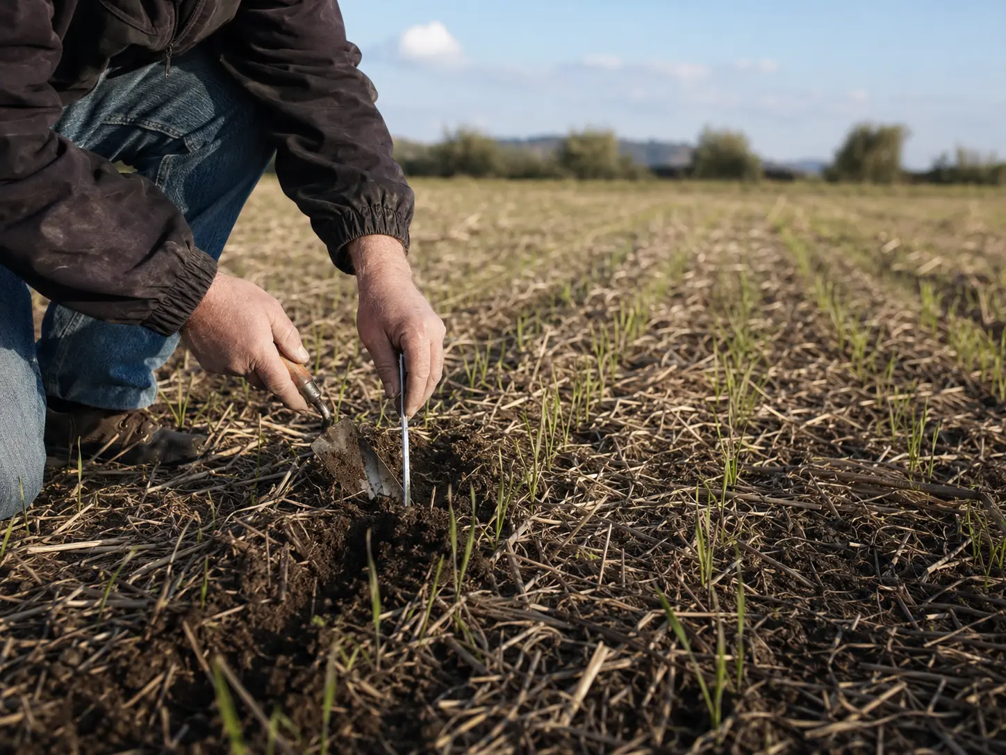 Agronomo controlla con una misura la profondità del seme in un campo seminato su sodo