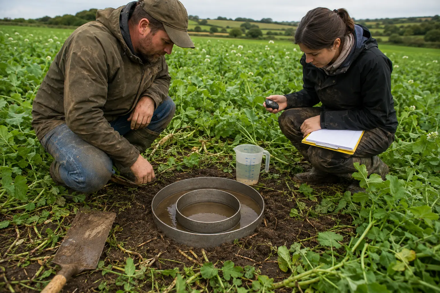 Agricoltori eseguono un test di infiltrazione ad anelli in un campo con coltura di copertura