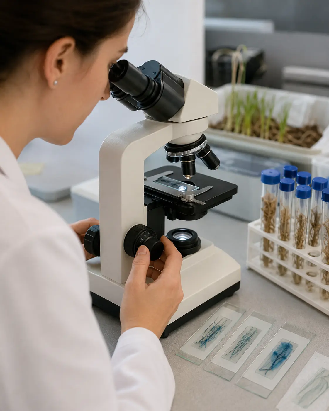 Ricercatrice osserva al microscopio radici colorate per verificare la colonizzazione micorrizica