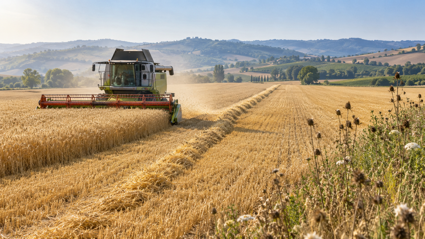 Mietitrebbia in un campo di cereali che concentra la pula in una linea stretta durante la raccolta