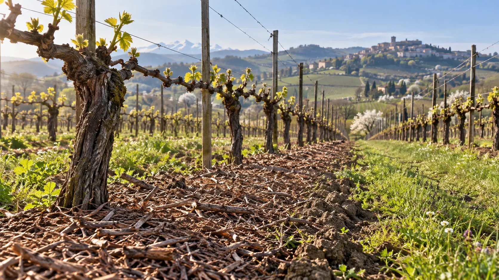 Sarmenti di vite trinciati distribuiti come pacciamatura sotto i filari di un vigneto collinare
