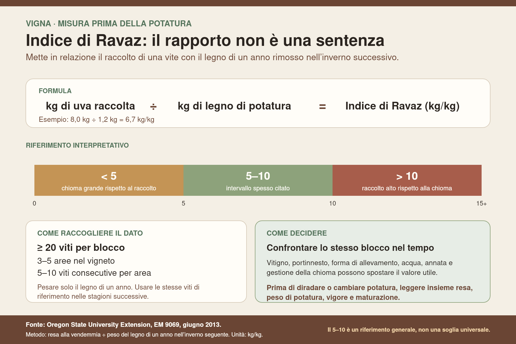 Infografica dell'Indice di Ravaz con formula, intervallo generale da 5 a 10 e protocollo di almeno 20 viti per blocco