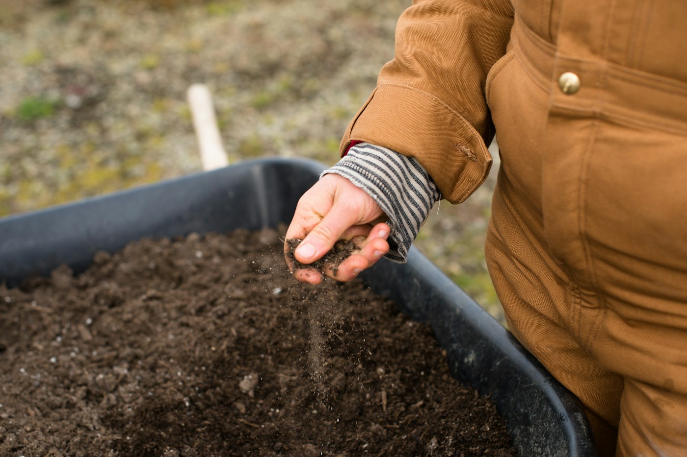 Persona che sbriciola terra sopra una carriola durante il lavoro agricolo