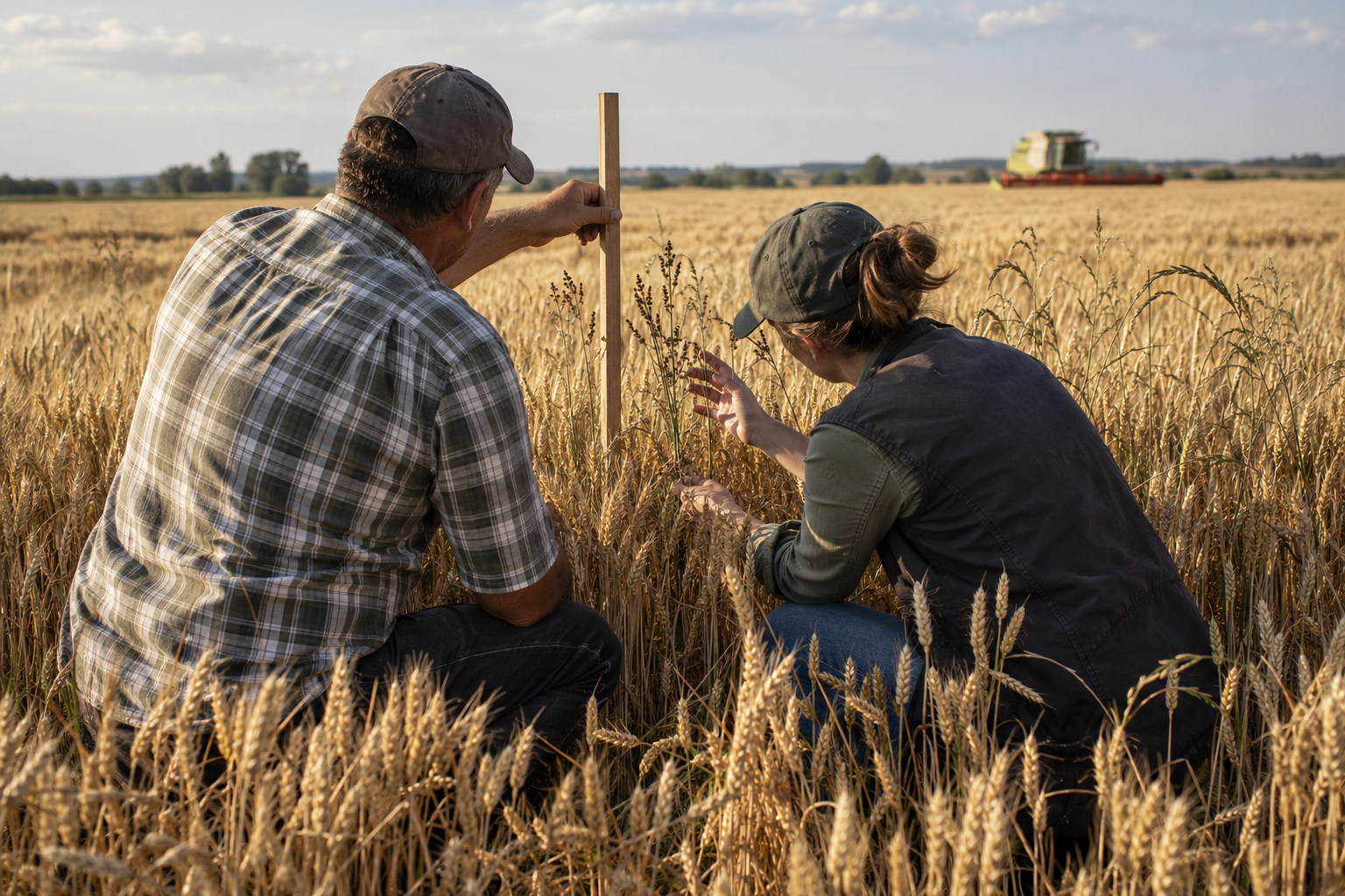 Agricoltori che controllano l’altezza dei semi delle infestanti prima della raccolta del cereale