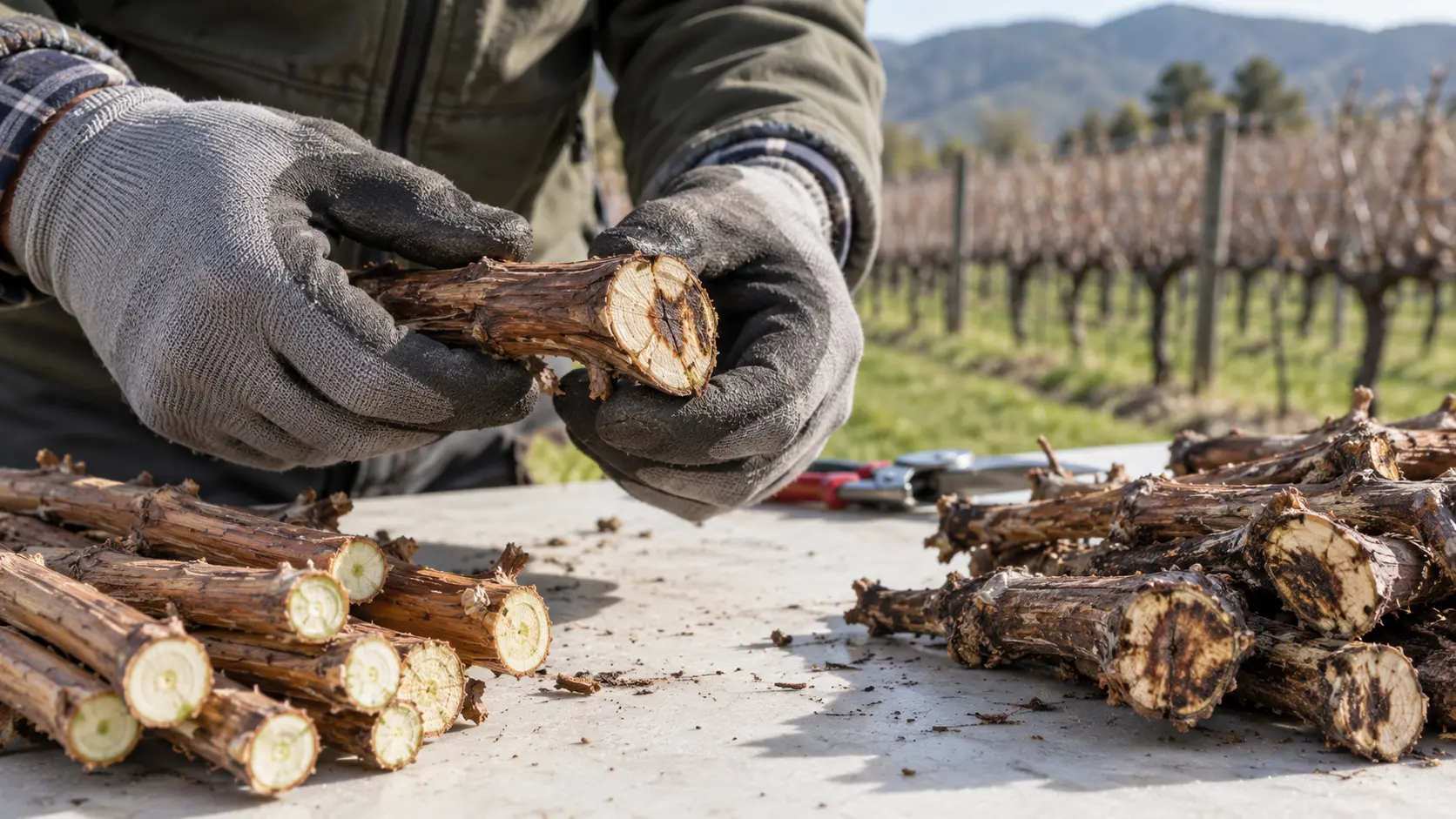 Controllo visivo di sezioni di legno di vite sano e con alterazioni prima della trinciatura dei sarmenti