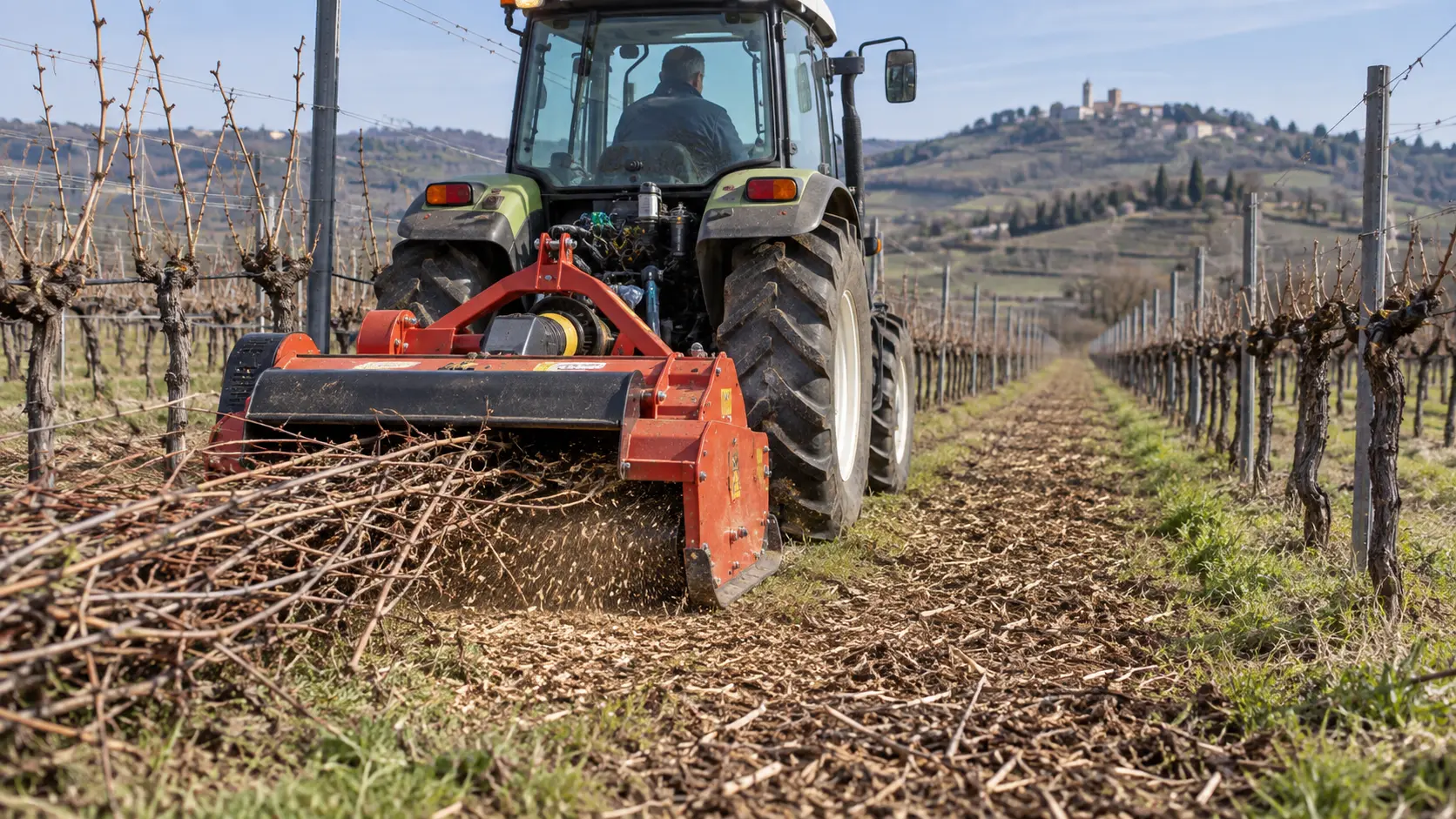 Trincia posteriore che sminuzza uniformemente i sarmenti tra i filari di un vigneto europeo